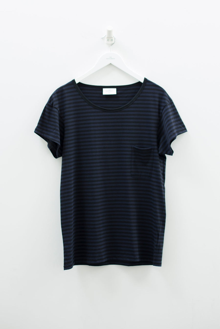 Women's loose fit organic cotton Paris t-shirt in a navy and black stripe