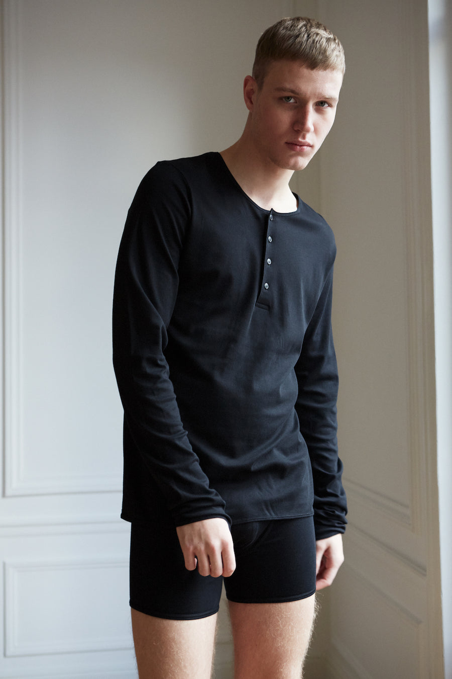 Black organic pima cotton men's long sleeve henley t-shirt