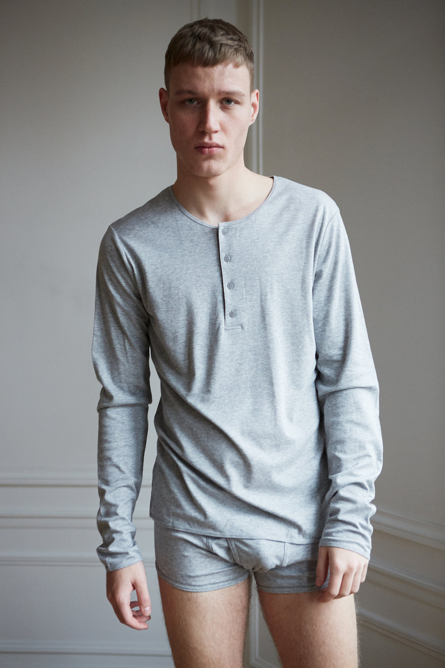 Grey organic pima cotton men's long sleeve henley t-shirt