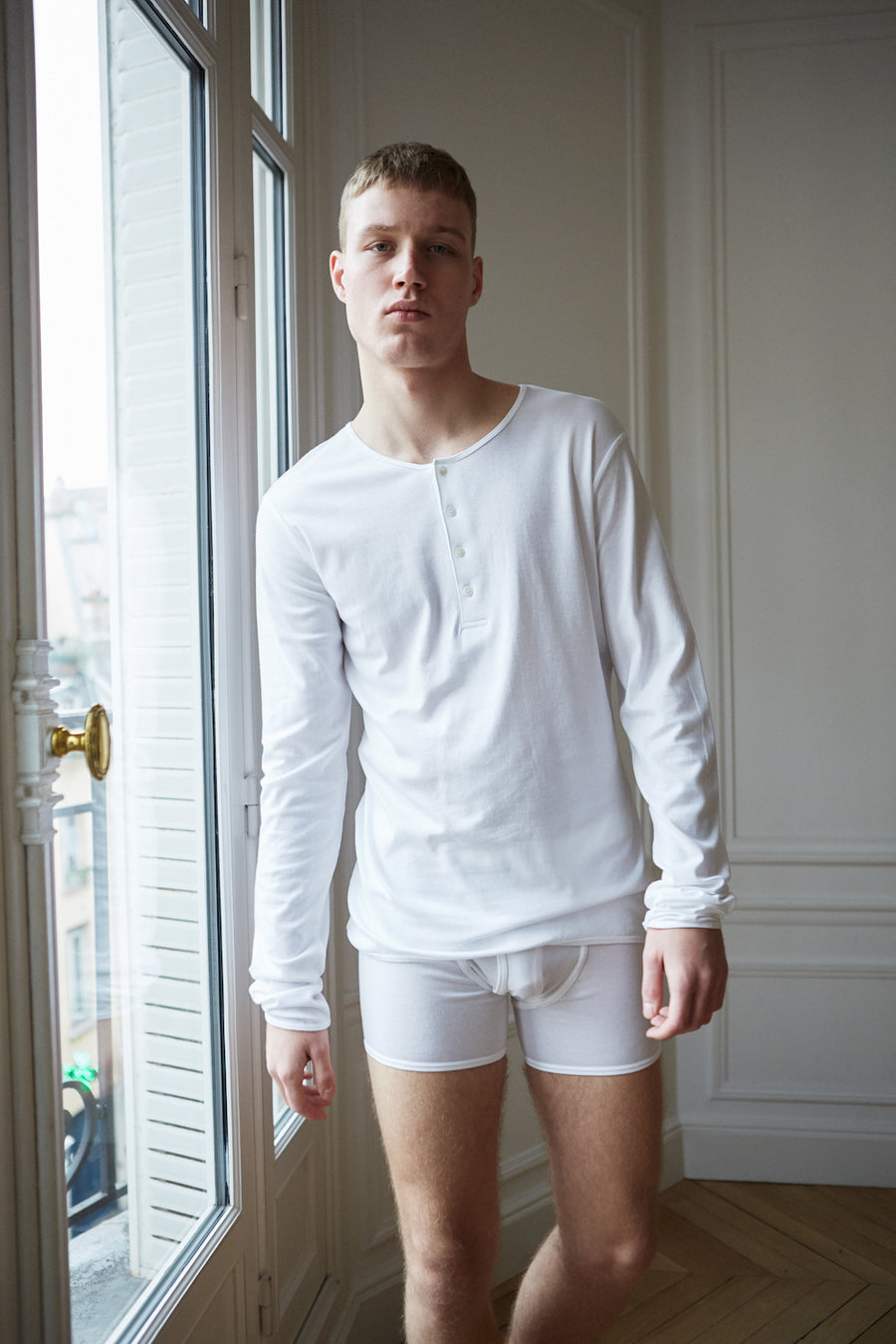 White organic pima cotton men's long sleeve henley t-shirt