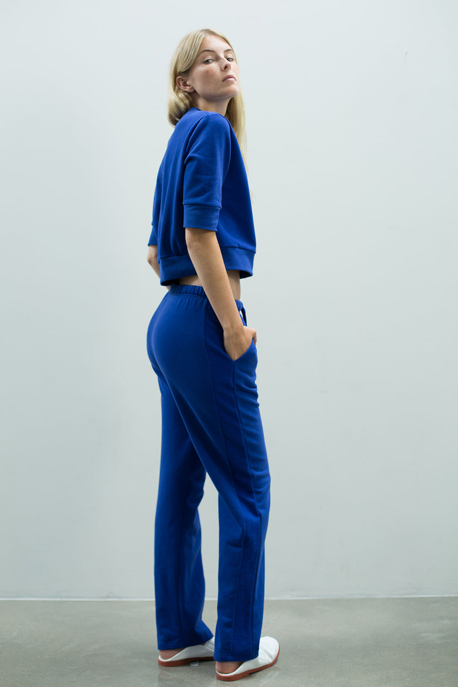 Straight leg soft terry blue trackpants for women made from an organic cotton by The White Briefs