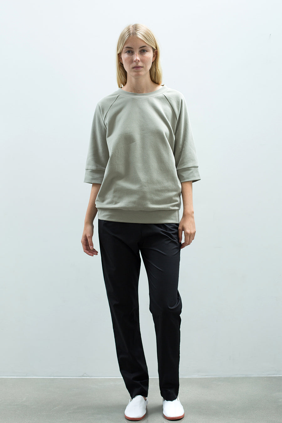 Relaxed fit women's khaki sweatshirt with 3/4 length sleeves and made from a soft 100% organic cotton terry