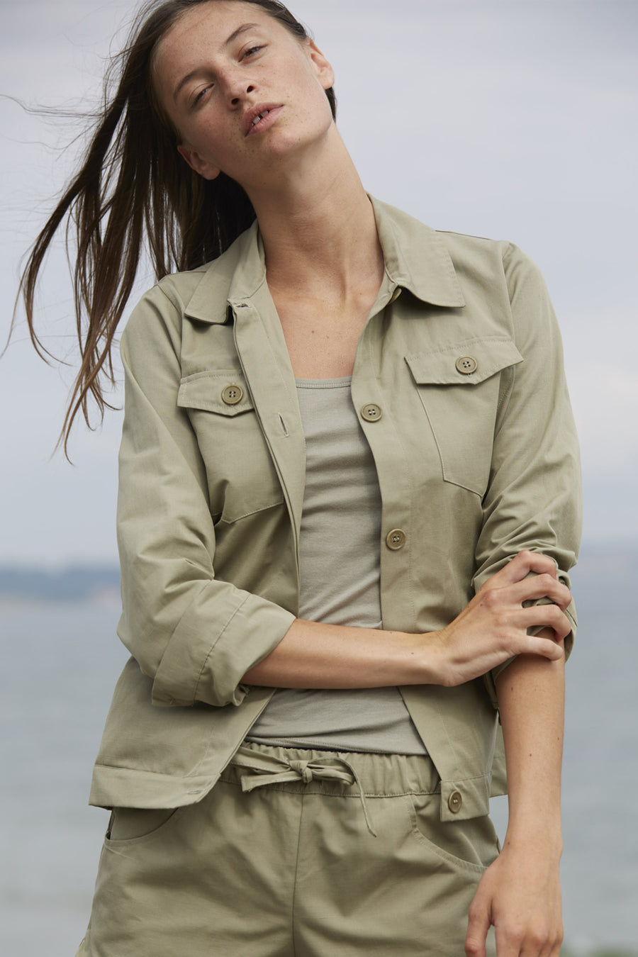 Utility style women's jacket in khaki made from organic linen cotton blend by The White Briefs