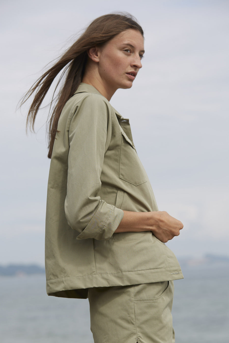 Utility style women's jacket in khaki made from organic linen cotton blend by The White Briefs