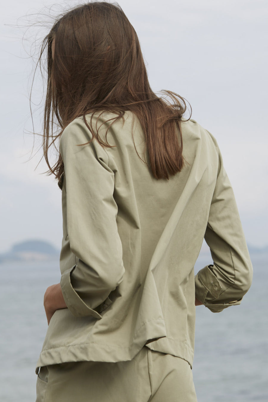 Utility style women's jacket in khaki made from organic linen cotton blend by The White Briefs