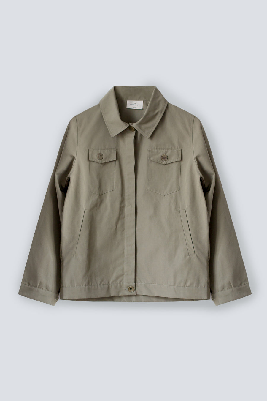 Utility style women's jacket in khaki made from organic linen cotton blend by The White Briefs