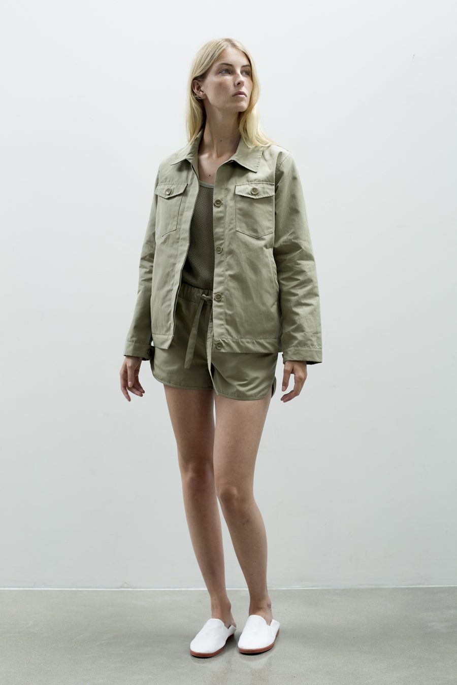 Utility style women's jacket in khaki made from organic linen cotton blend by The White Briefs