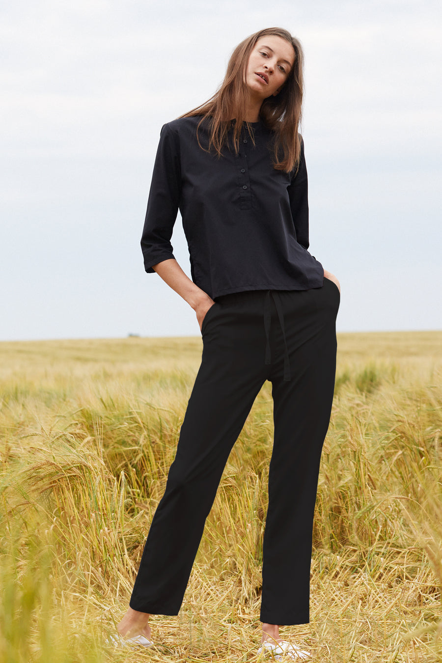 Straight leg 100% organic cotton women's black trousers from The White Briefs' SS18 collection