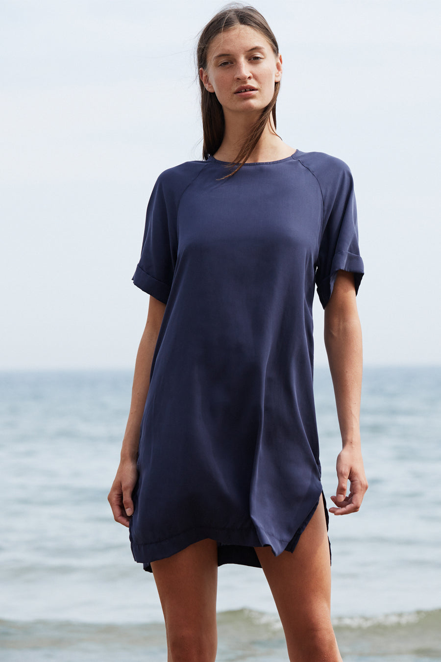 Relaxed fit lightweight women's summer knee-length dress made from navy tencel