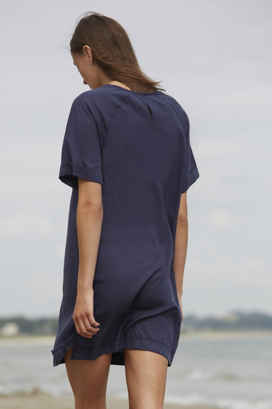 Relaxed fit lightweight women's summer knee-length dress made from navy tencel