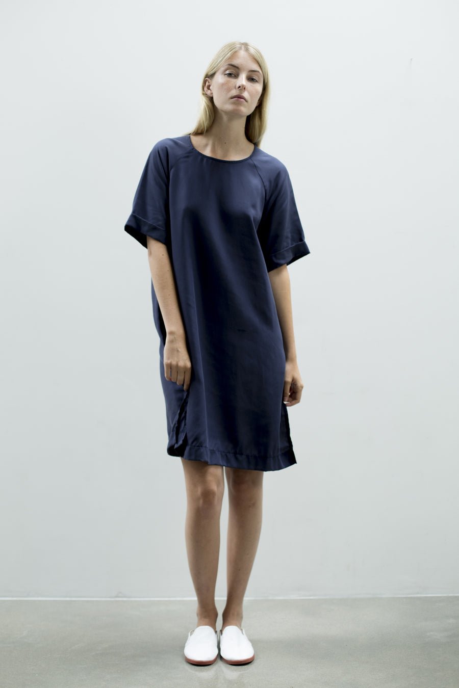 Relaxed fit lightweight women's summer knee-length dress made from navy tencel