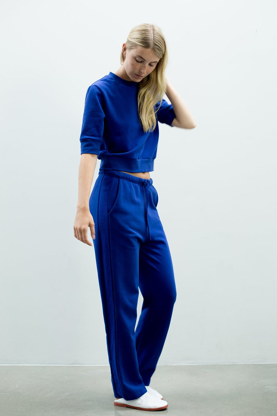 Straight leg soft terry blue trackpants for women made from an organic cotton by The White Briefs