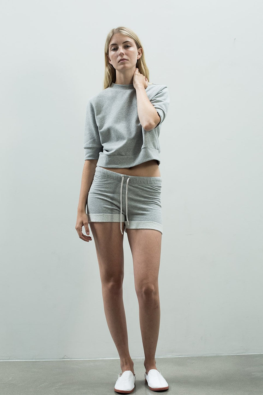 Women's organic cotton terry mini sweat shorts with elastic waist in grey marle